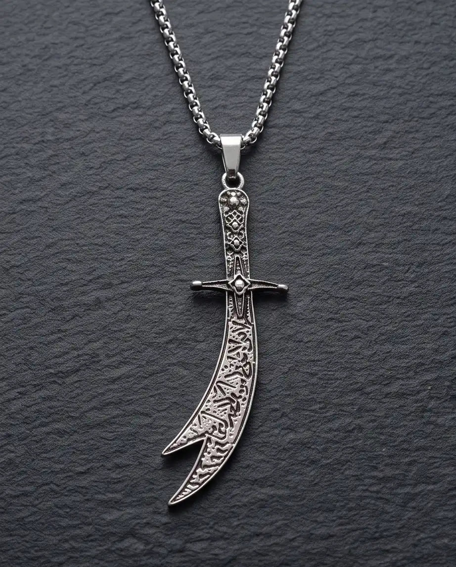Antiqued Zulfiqar Sword Pendant Silver Box Chain Necklace