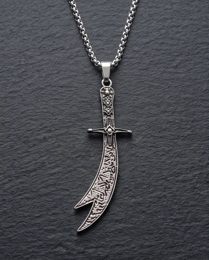 Antiqued Zulfiqar Sword Pendant Silver Box Chain Necklace