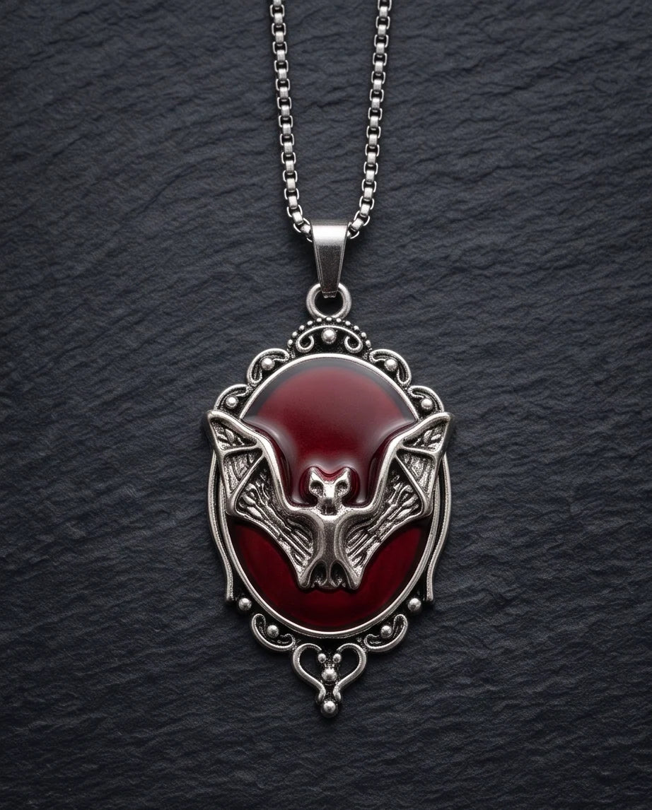 Antique Silver Gothic Bat Red Enamel Medallion Chain Necklace