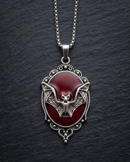 Antique Silver Gothic Bat Red Enamel Medallion Chain Necklace