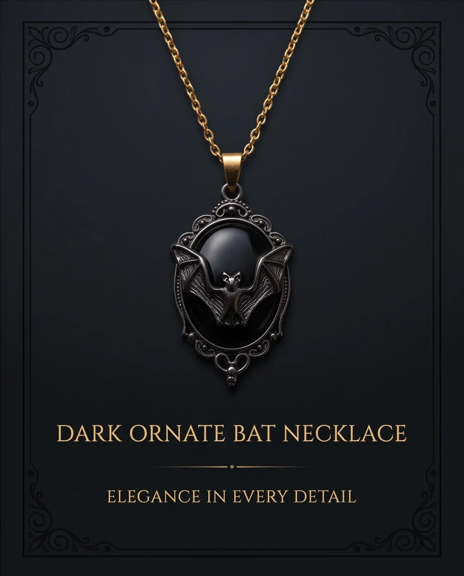 Antique Silver Gothic Bat Black Enamel Medallion Chain Necklace