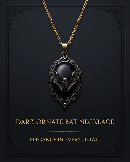 Antique Silver Gothic Bat Black Enamel Medallion Chain Necklace