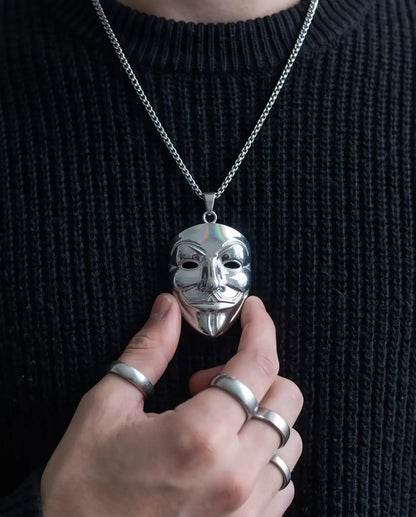 Guy Fawkes Masquerade Mask Pendant Silver Box Chain Necklace