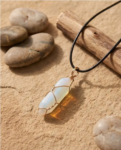 Wire-Wrapped Synthetic Opal Crystal Point Pendant Box Chain