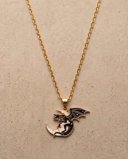 Gold Celestial Dragon White Crescent Moon Enamel Pendant Necklace