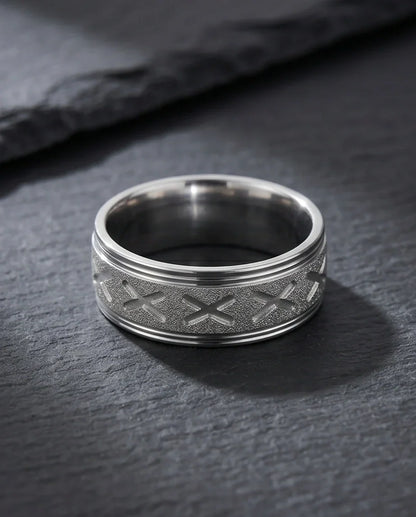 Textured Silver 'X' Engraved Band Ring