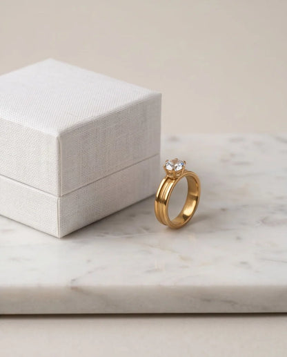 Gold Round Gemstone Grooved Solitaire Ring