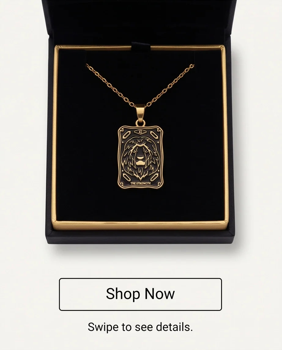 Gold "Strength" Lion Tarot Card Pendant Necklace