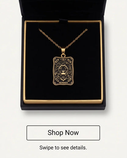 Gold "Strength" Lion Tarot Card Pendant Necklace