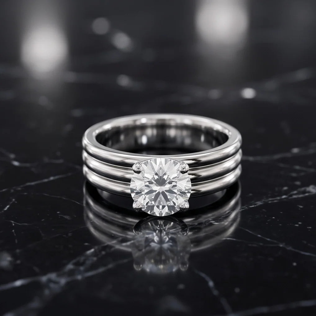 Silver Round Gemstone Triple-Band Solitaire Ring