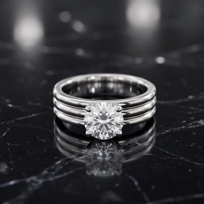 Silver Round Gemstone Triple-Band Solitaire Ring
