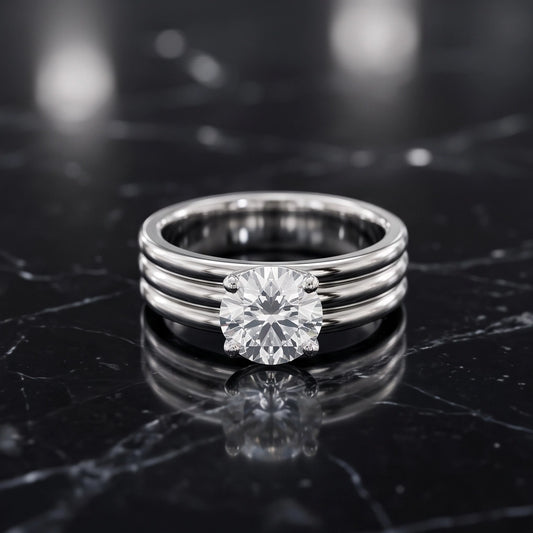 Silver Round Gemstone Triple-Band Solitaire Ring
