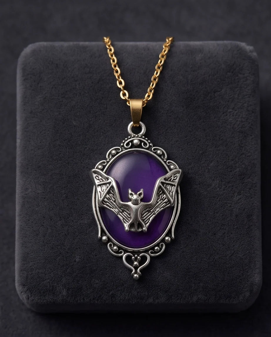 Silver Gothic Bat Purple Enamel Medallion Chain Necklace