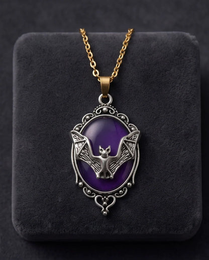 Silver Gothic Bat Purple Enamel Medallion Chain Necklace