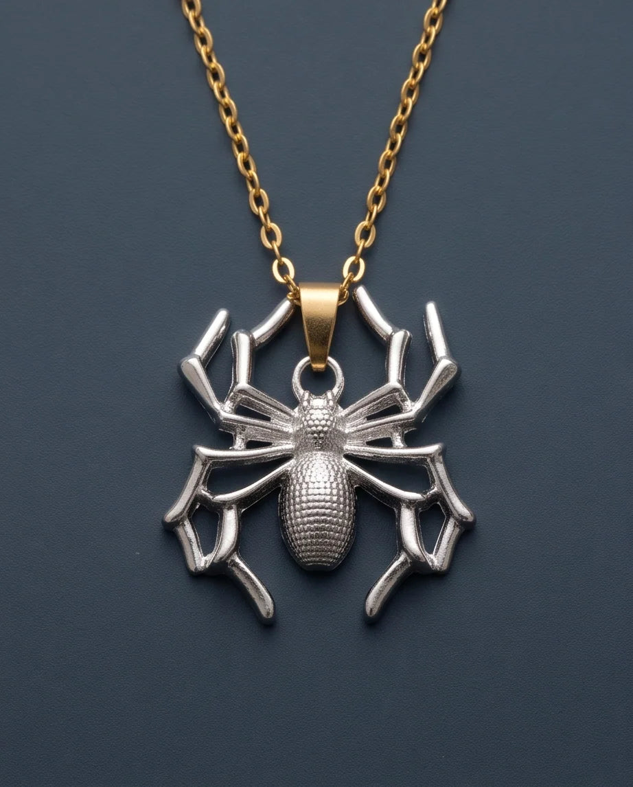 Silver Textured Spider Pendant Necklace