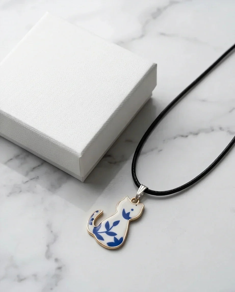 Artistic Blue Porcelain Feline Silhouette Pendant Necklace