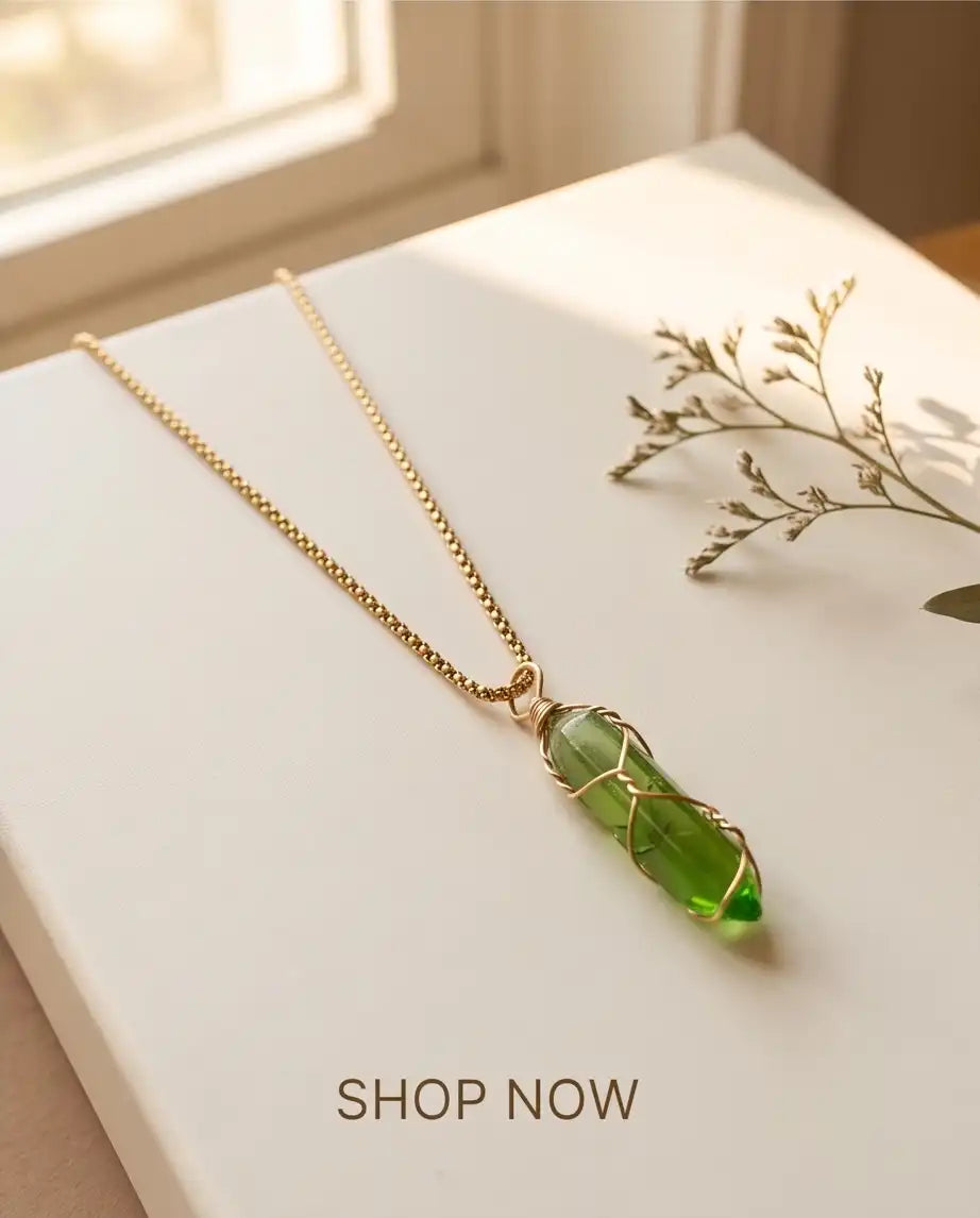 Wire-Wrapped Olive Green Crystal Point Pendant Box Chain