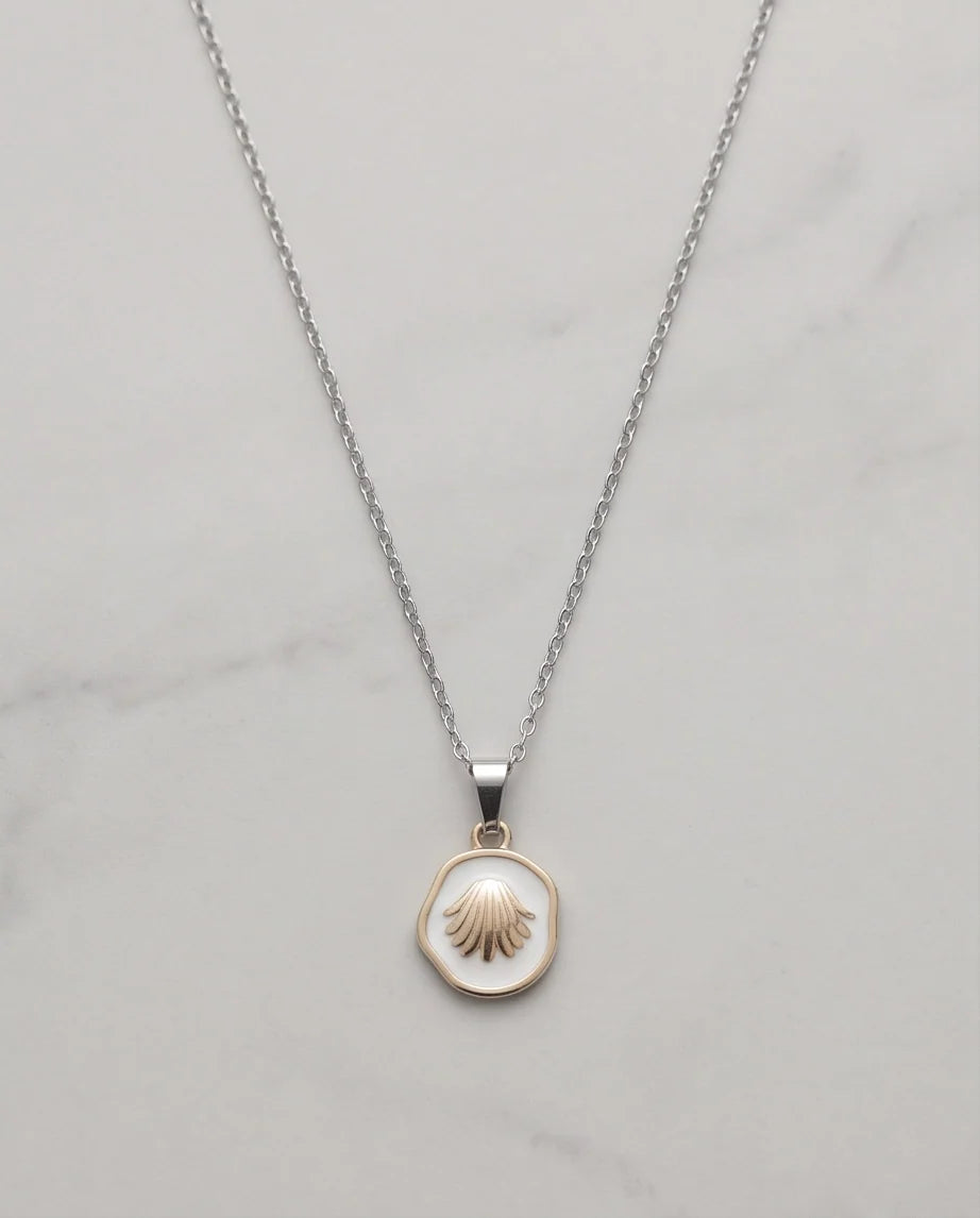 Gold White Enamel Seashell Medallion Pendant Necklace