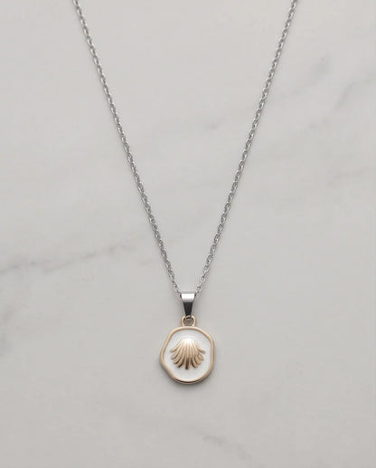 Gold White Enamel Seashell Medallion Pendant Necklace