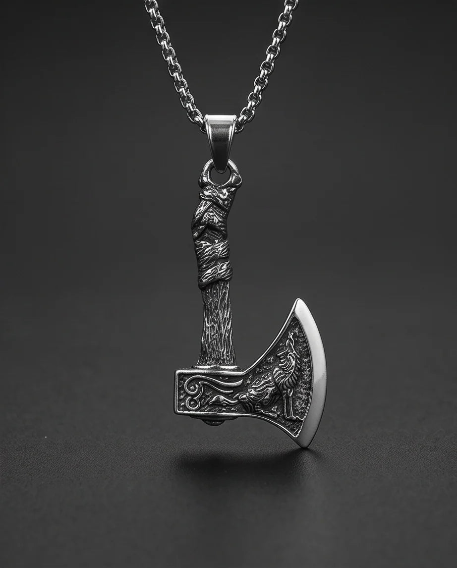 Silver Viking Axe Wolf Pendant Necklace