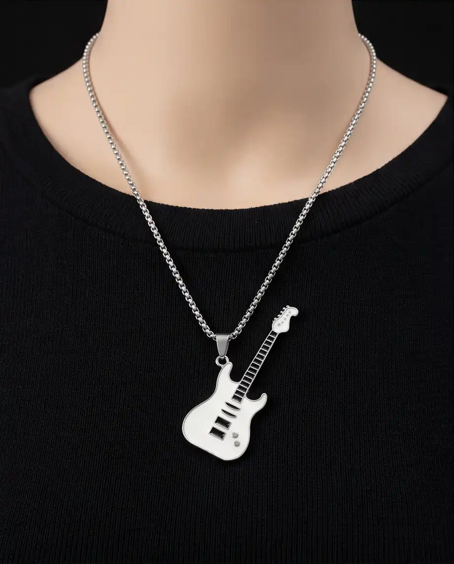 White Enamel Electric Guitar Pendant Silver Box Chain Necklace