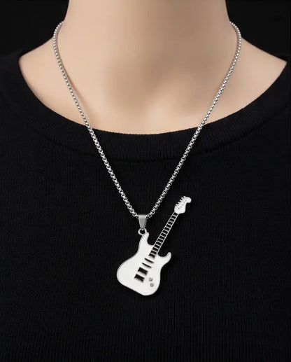 White Enamel Electric Guitar Pendant Silver Box Chain Necklace