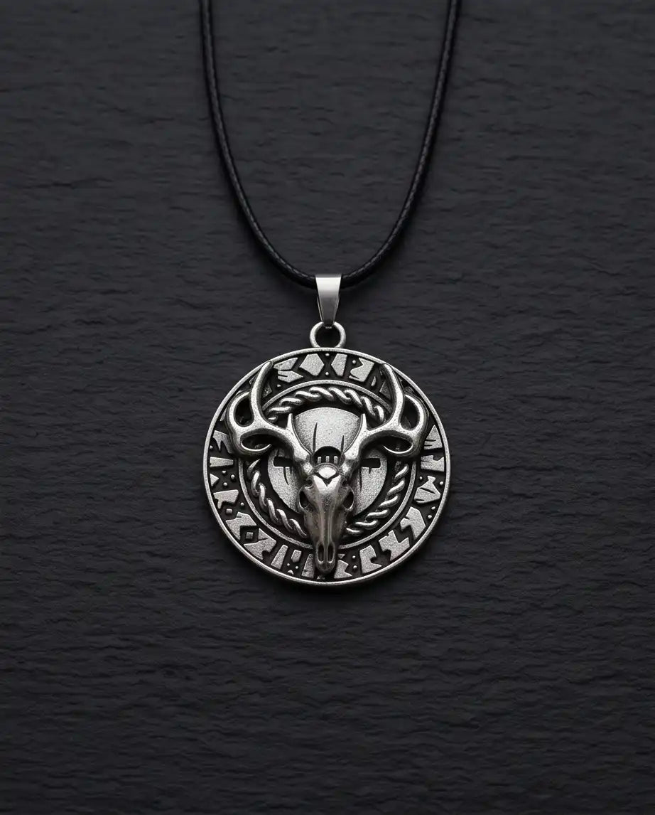Antiqued Norse Rune Deer Skull Pendant Box Chain