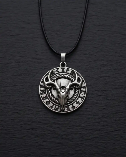 Antiqued Norse Rune Deer Skull Pendant Box Chain