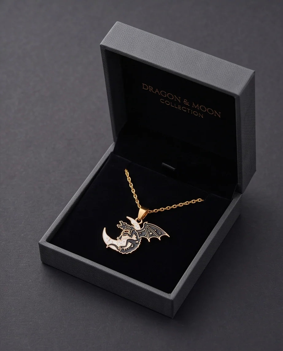 Gold Celestial Dragon White Crescent Moon Enamel Pendant Necklace
