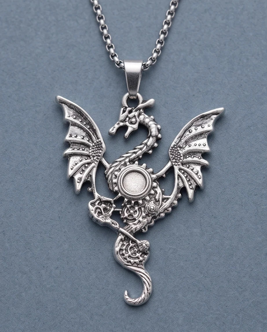 Silver Steampunk Dragon Gear Pendant Necklace