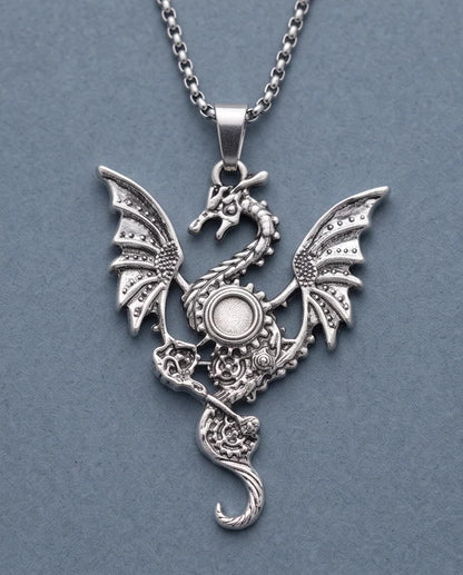 Silver Steampunk Dragon Gear Pendant Necklace