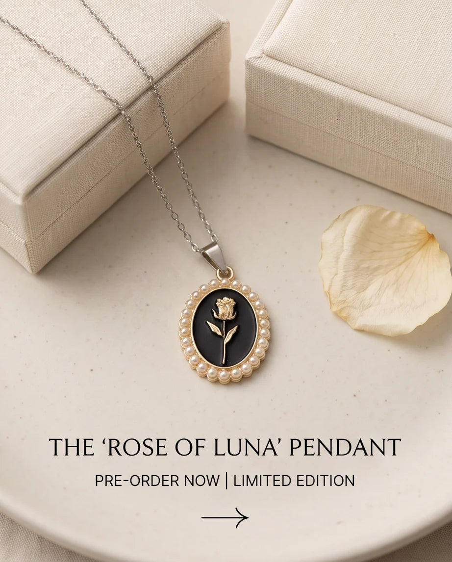 Gold Pearl Frame Black Enamel Rose Oval Pendant Necklace