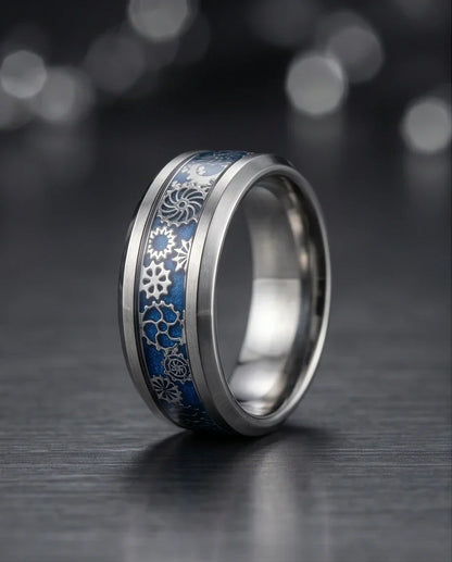 Industrial Steampunk Blue Gear Band Ring