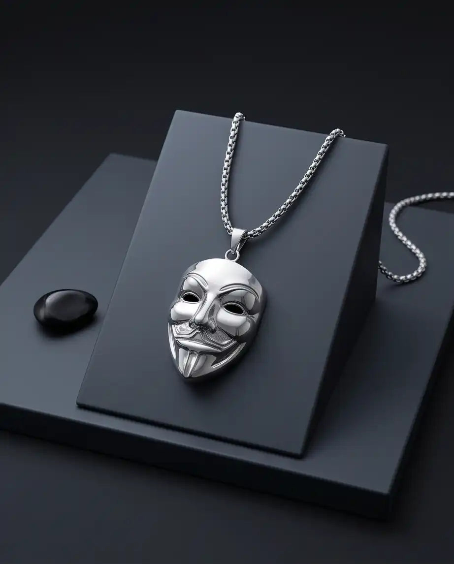 Guy Fawkes Masquerade Mask Pendant Silver Box Chain Necklace