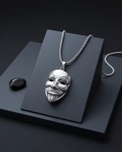Guy Fawkes Masquerade Mask Pendant Silver Box Chain Necklace