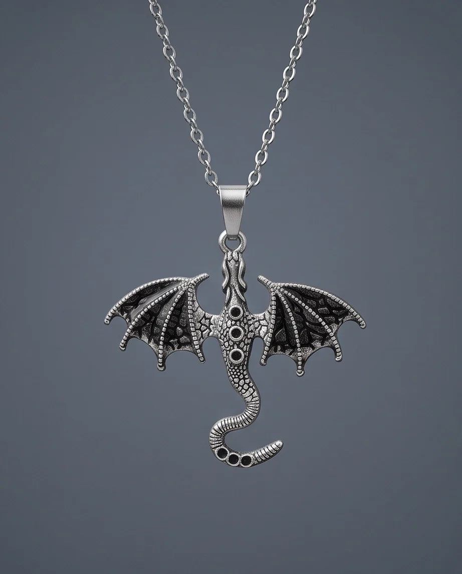 Silver Oxidized Dragon Wyvern Pendant Necklace