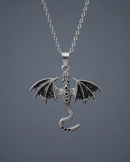 Silver Oxidized Dragon Wyvern Pendant Necklace