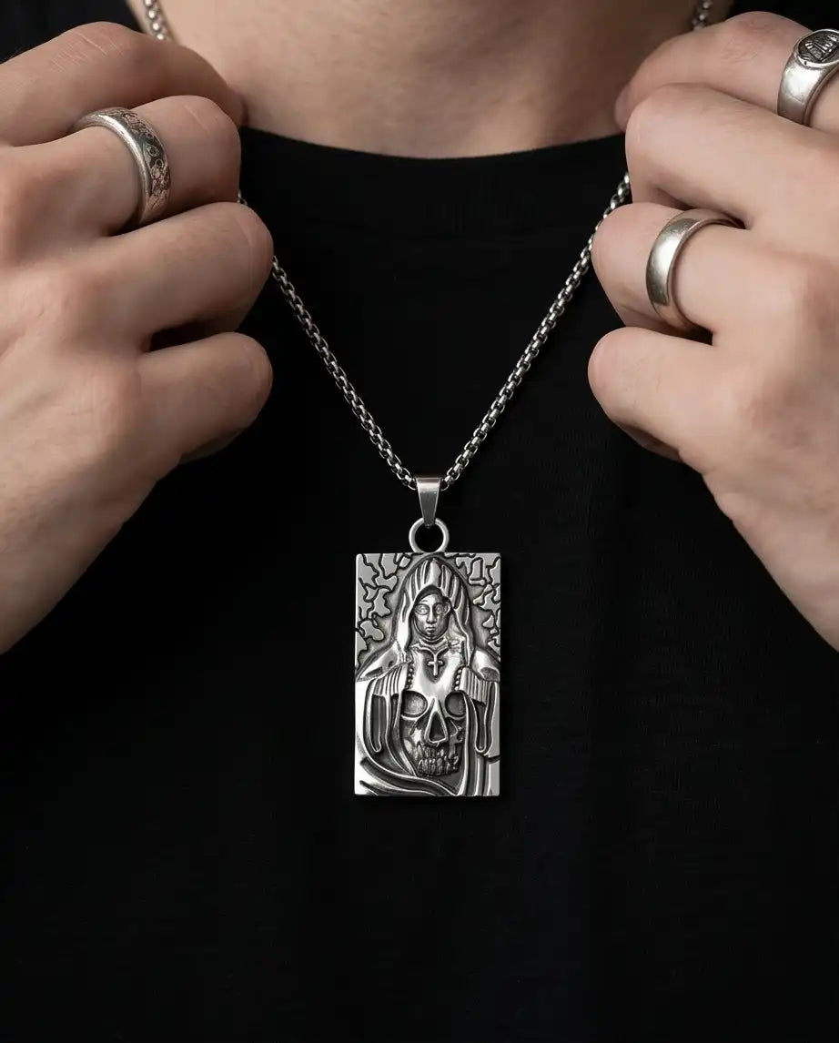 Hooded Grim Reaper Skull Dog Tag Pendant Box Chain