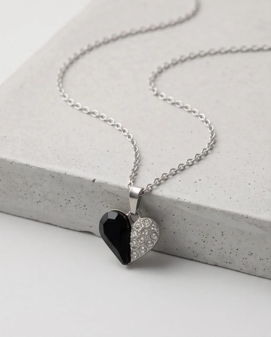 Silver Onyx Heart Pavé Pendant Necklace