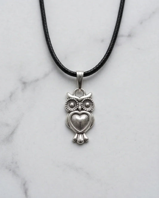 Silver Retro Heart Owl Necklace