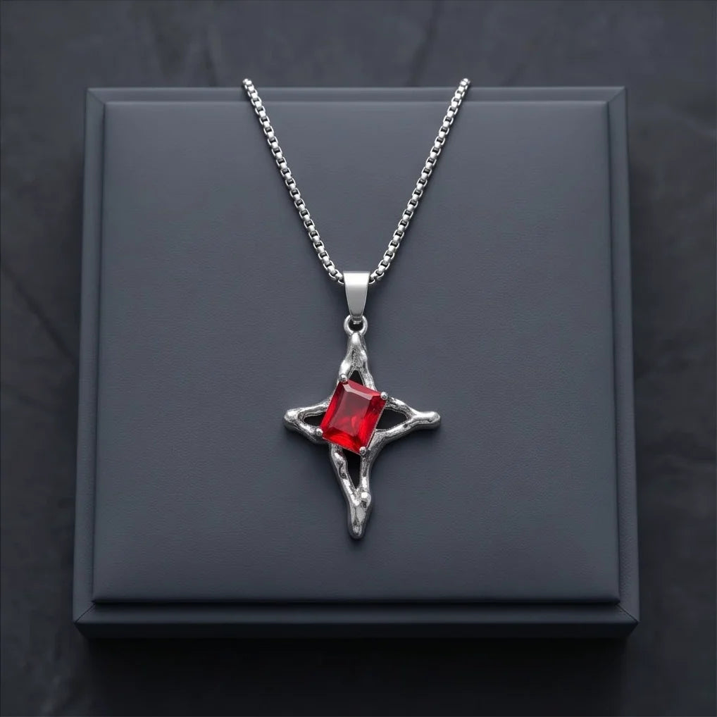 Silver Red Gemstone Gothic Cross Pendant Necklace