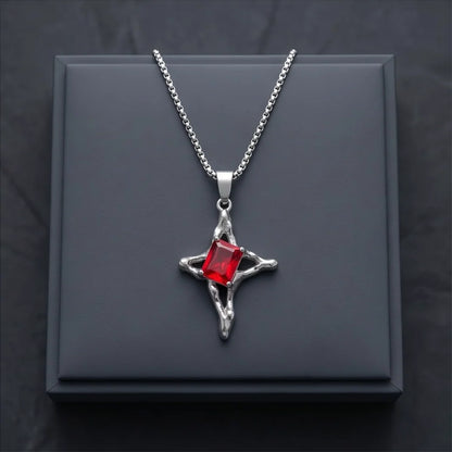 Silver Red Gemstone Gothic Cross Pendant Necklace