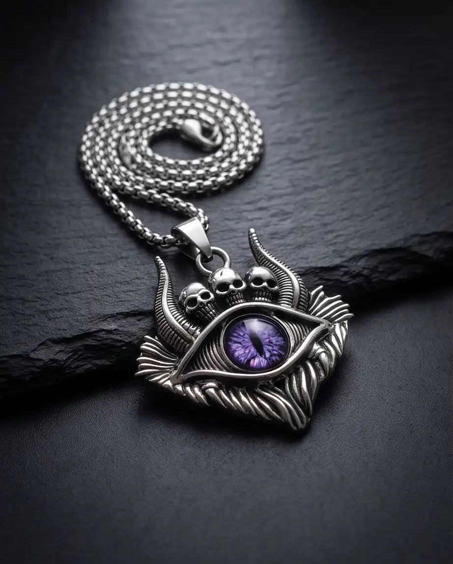 Purple Demon Eye Skulls Pendant Box Chain