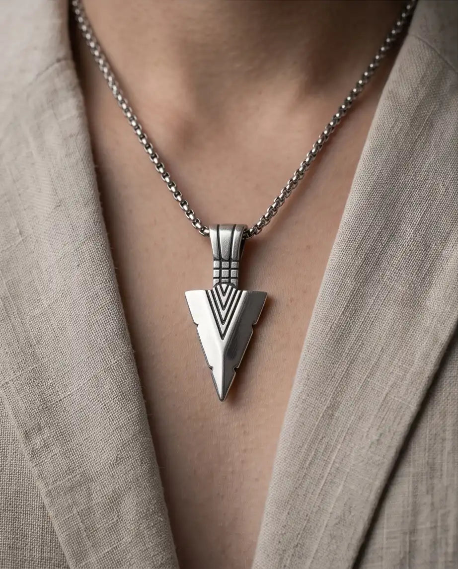 Geometric Arrowhead Pendant Silver Box Chain Necklace