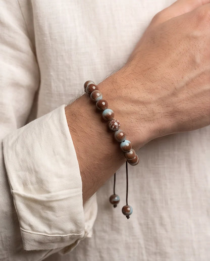 Earthy Rust & Teal Two-Tone Stone Beaded Adjustable Macrame Bracelet