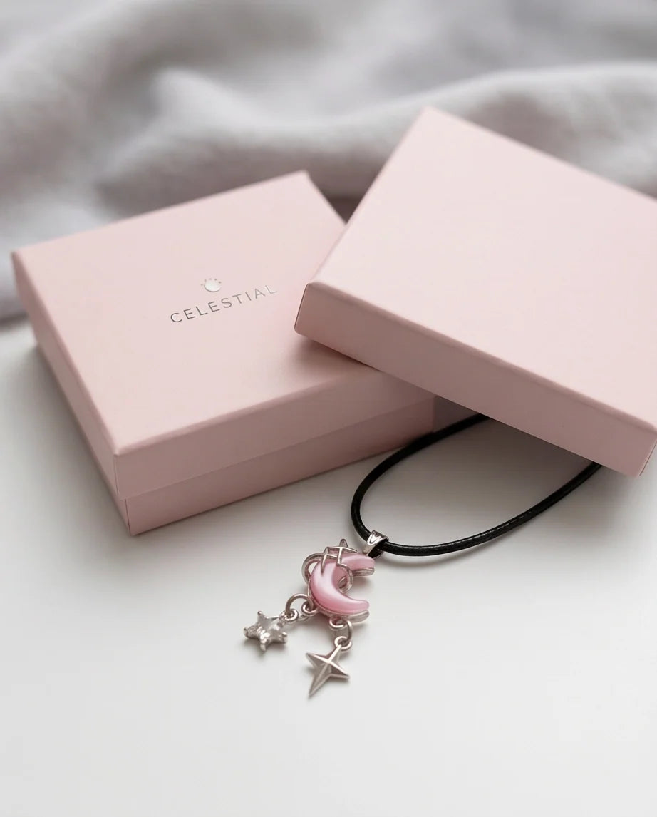 Celestial Pink Moon & Dangle Stars Necklace
