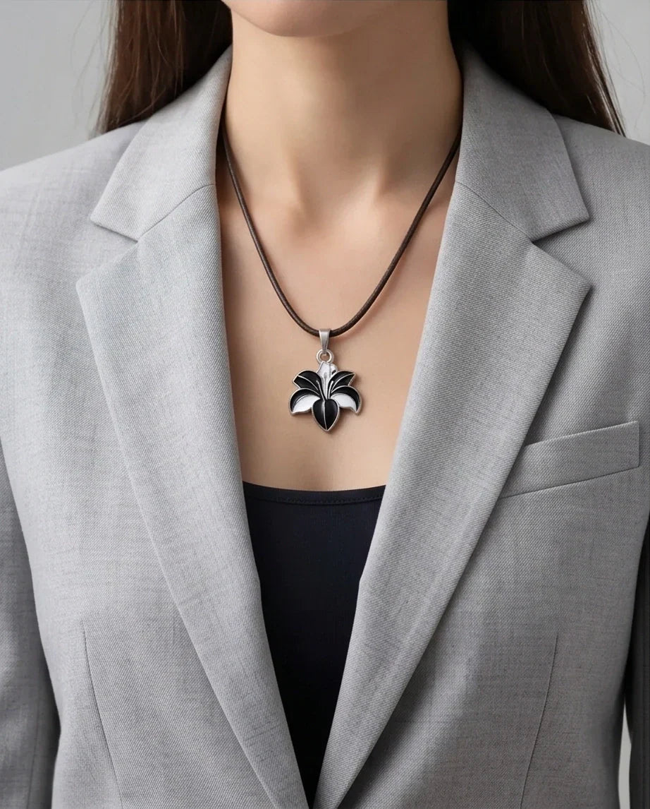 Bold Black and White Lily Enamel Pendant Necklace