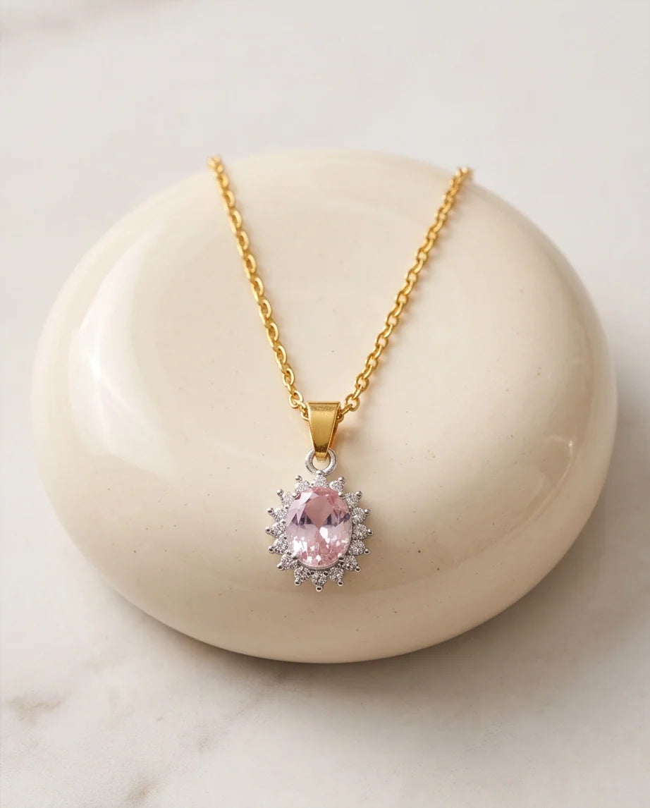 Silver Pink Crystal Oval Halo Medallion Pendant Necklace