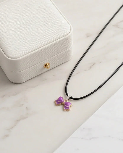Glossy Purple Bow Enamel Pendant Necklace