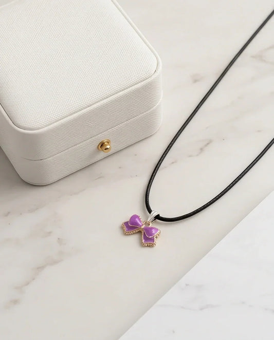 Glossy Purple Bow Enamel Pendant Necklace